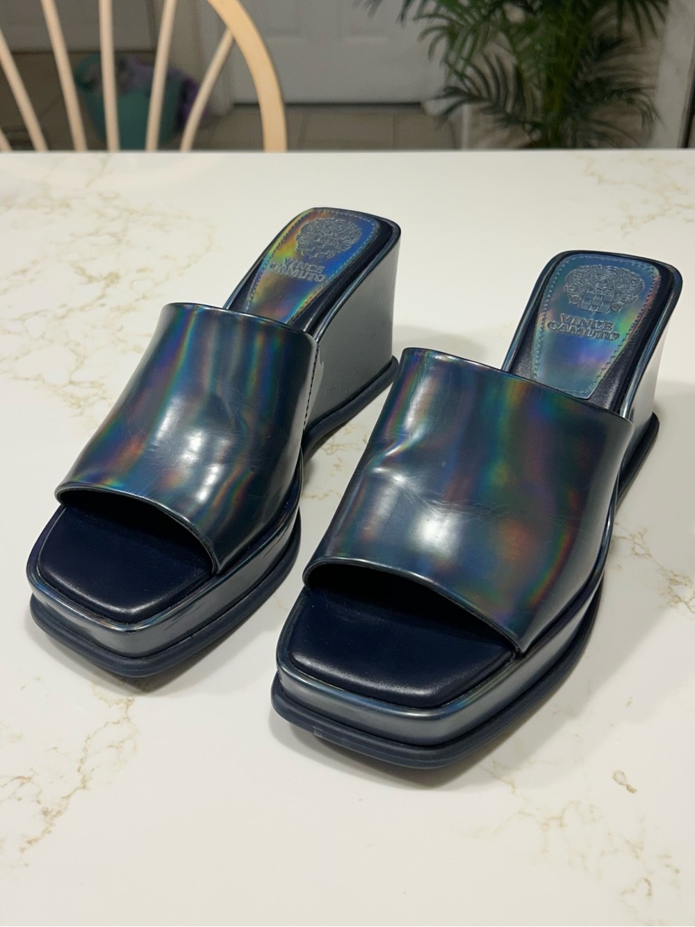 Vince Camuto Navy Holographic Slide Sandals size 7.5/38